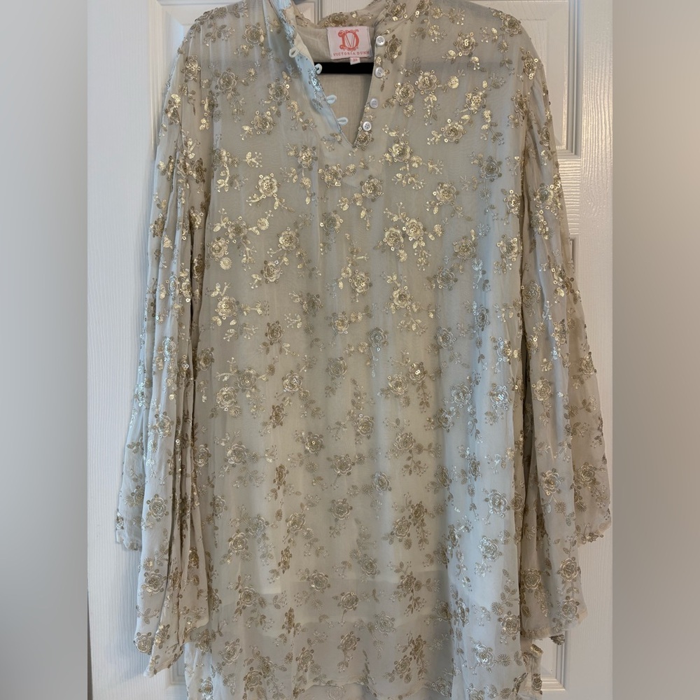 Victoria Dunn Cream Dress with Gold Embroidery